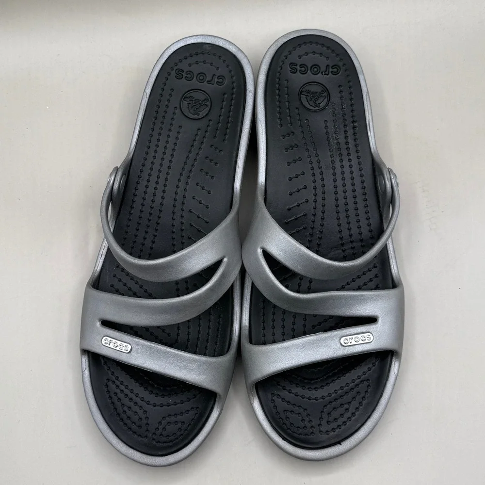 Crocs Patricia Wedge Sandals Womens 10 Multi-Strap Metallic Silver Black